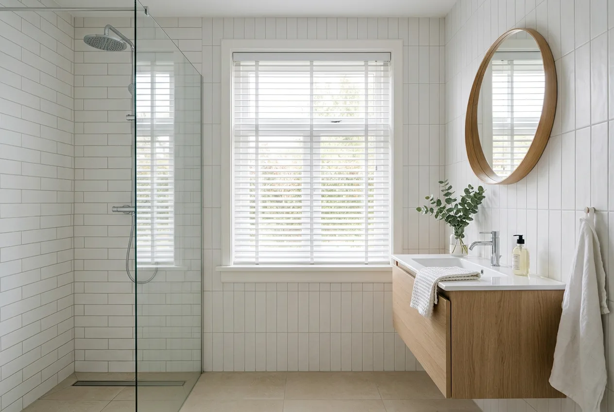 Witte badkamer met lichte aluminium jaloezie