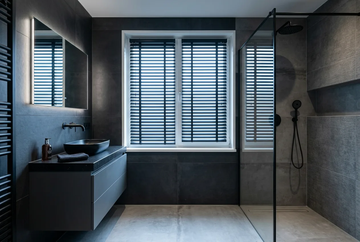 Moderne badkamer met zwarte jaloezie