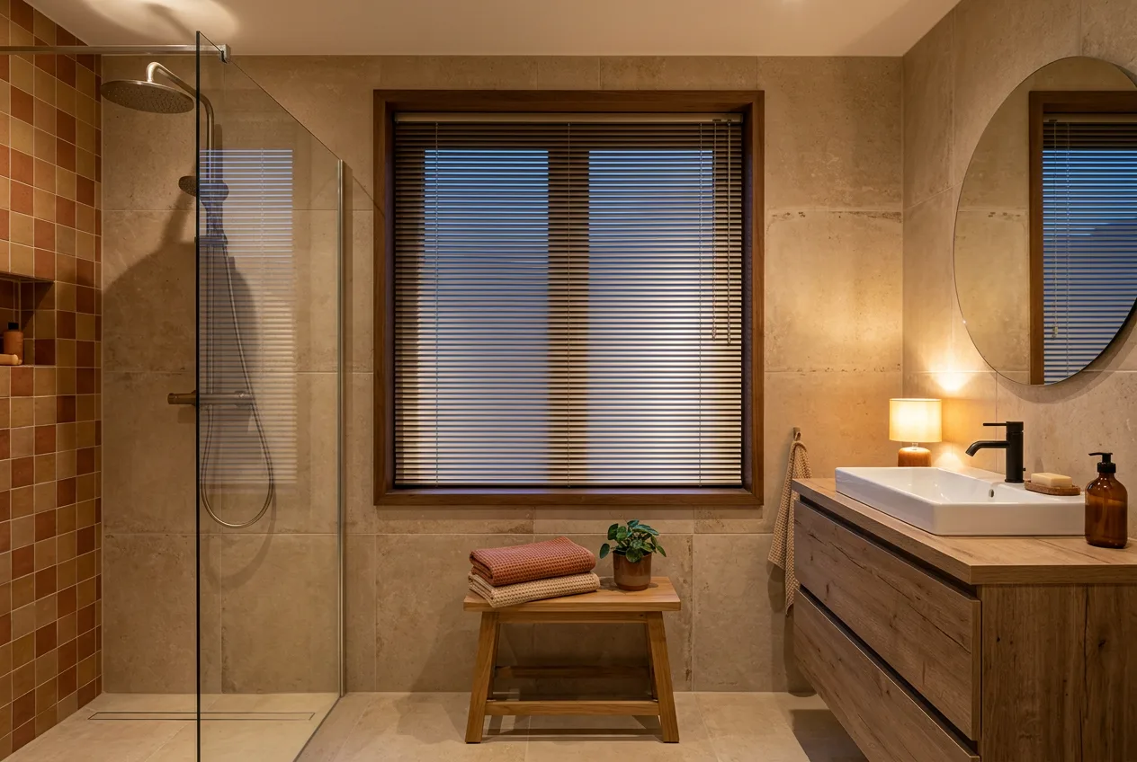 Badkamer in zachte tinten met raamdecoratie