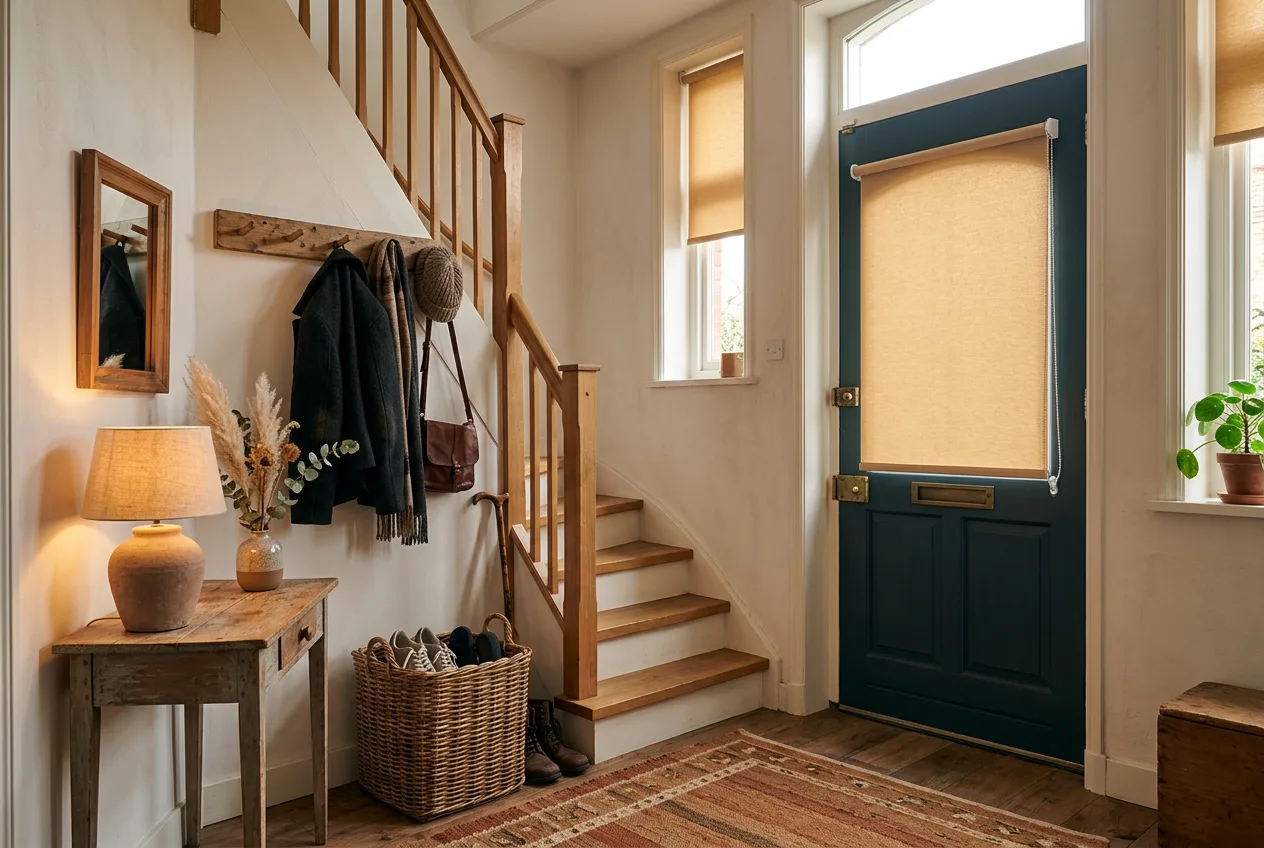 Warme entree met raamdecoratie op de deur