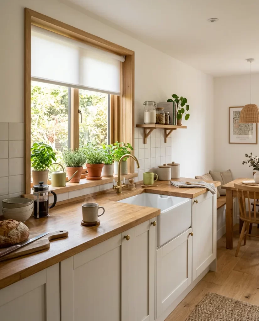 Lichte keuken met aluminium jaloezie boven het aanrecht