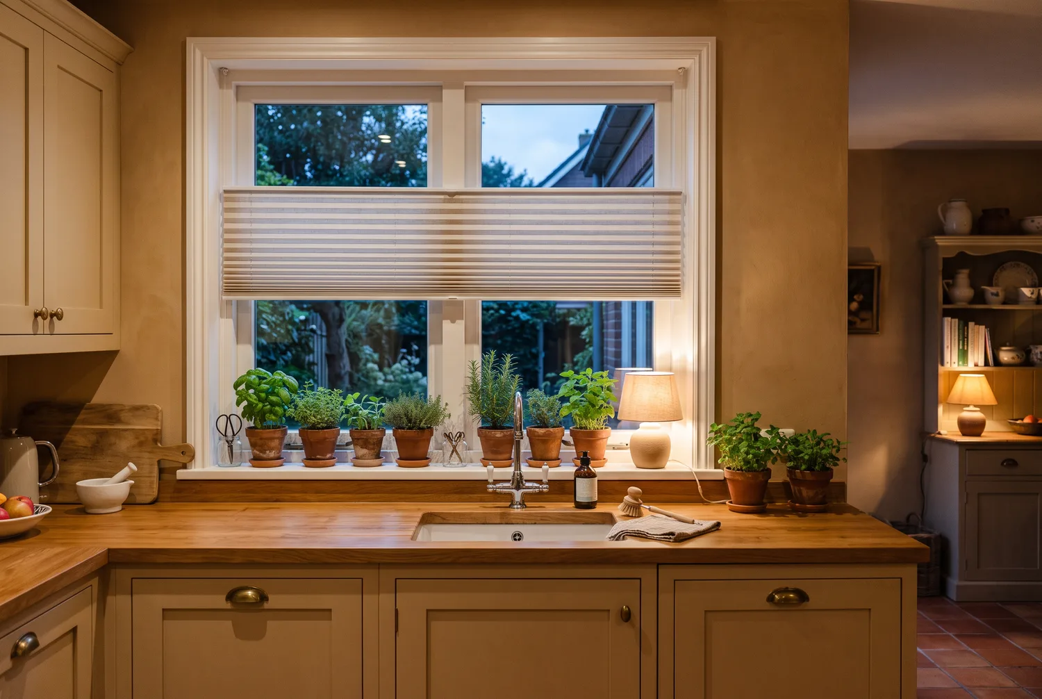Landelijke keuken met raamdecoratie in natuurlijke tinten