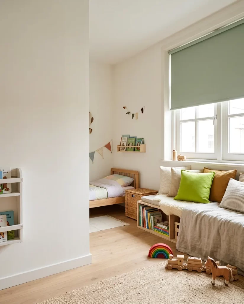 Rustige kinderkamer met verduisterende raamdecoratie