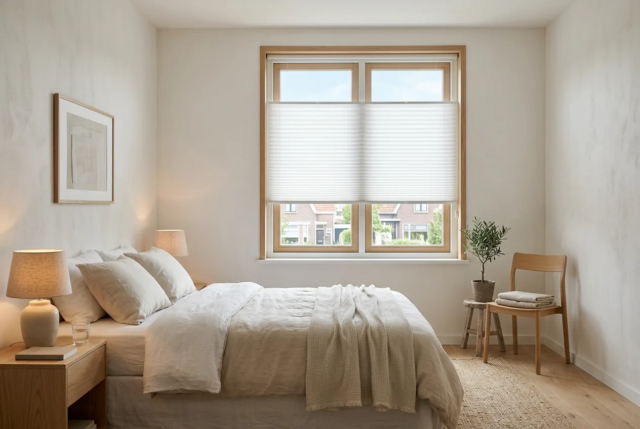 Lichte slaapkamer met zachte stof voor het raam