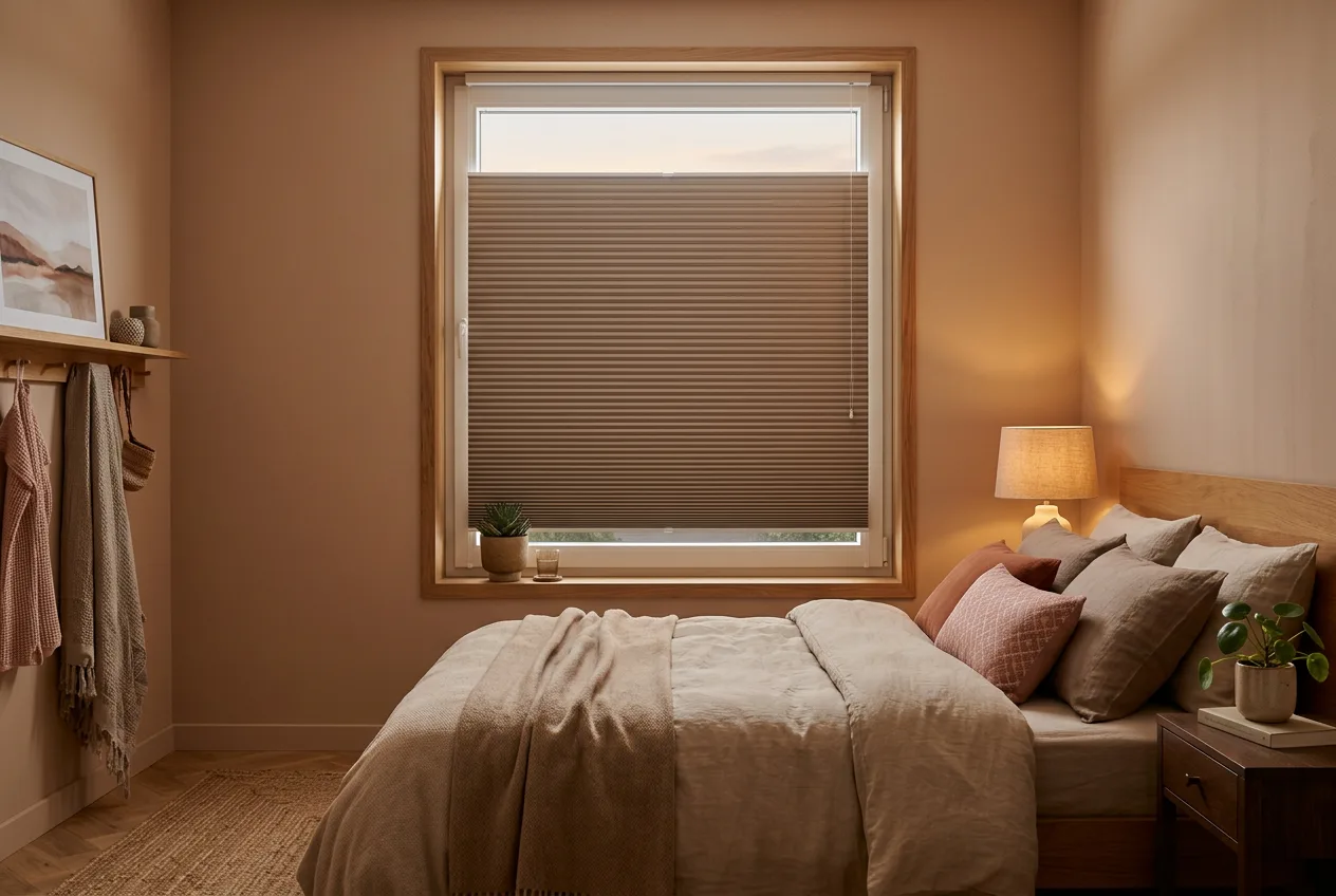 Warme slaapkamer in zandtinten met plissé