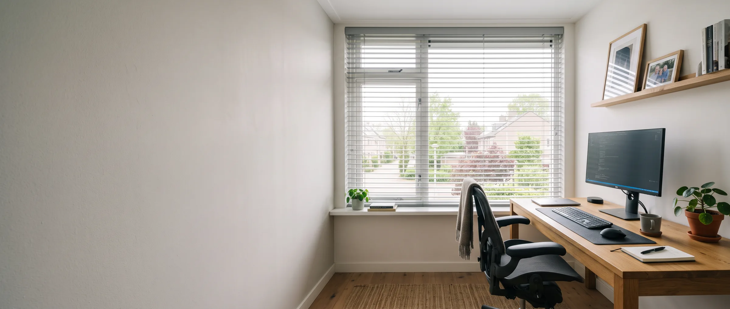 Thuiswerkplek bij het raam met jaloezieën