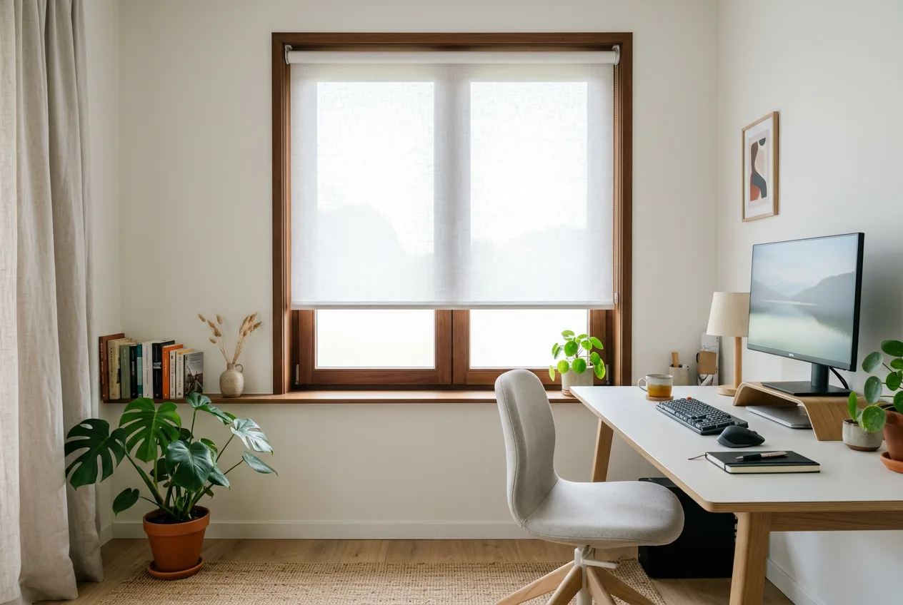 Lichte werkkamer met lichtdoorlatende raamdecoratie