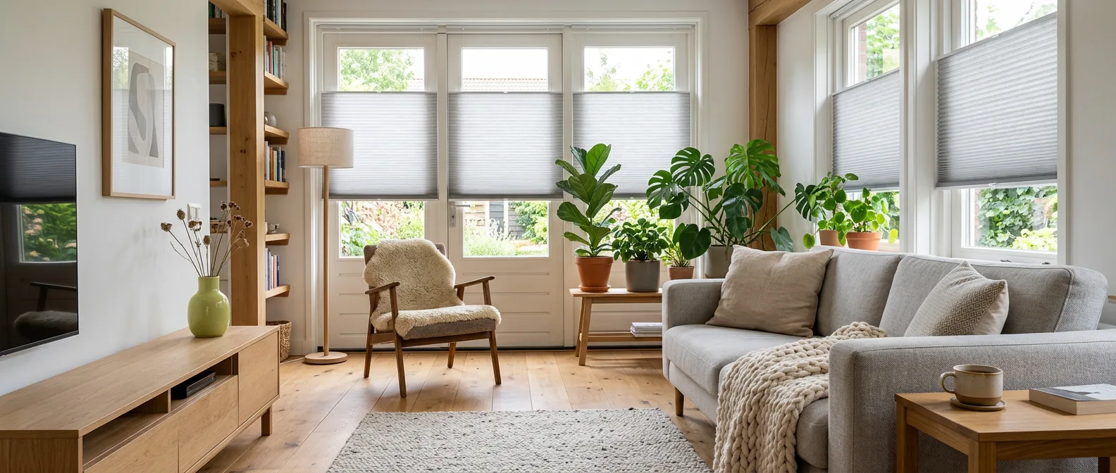Lichte woonkamer met raamdecoratie op maat voor grote ramen