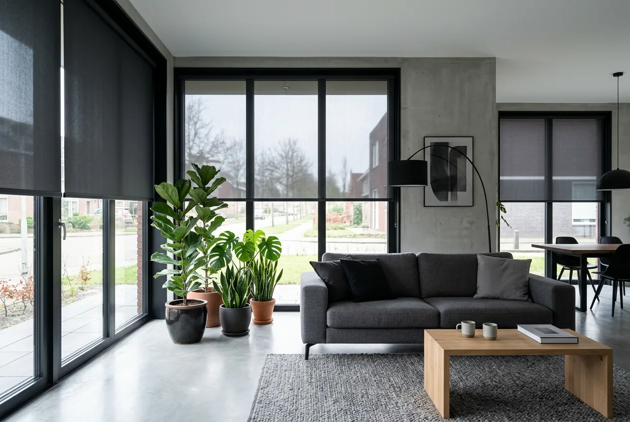 Moderne woonkamer met donkere raamdecoratie