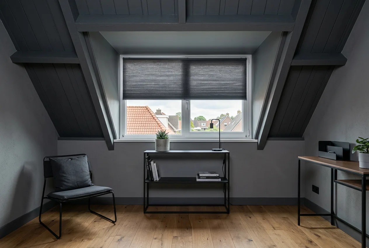 Stoere zolderkamer met donkere raamdecoratie